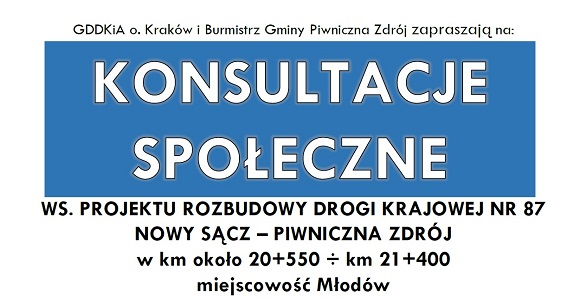 Zaproszenie na konsultacje społeczne ws. projektu rozbudowy drogi krajowej nr 87 Nowy Sącz – Piwniczna Zdrój